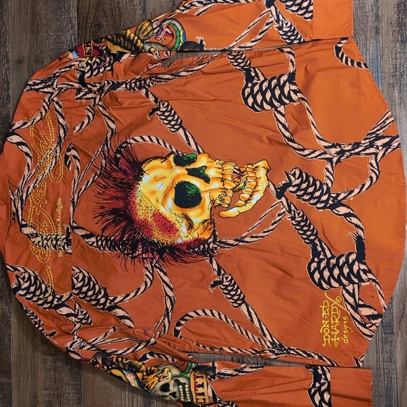 *NWT* Y2K Ed Hardy Punk Skulls & Rope Long Sleeve Button Down Size XXL Orange - Picture 9 of 14